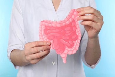 Photo of Doctor with paper intestine cutout on light blue background, closeup
