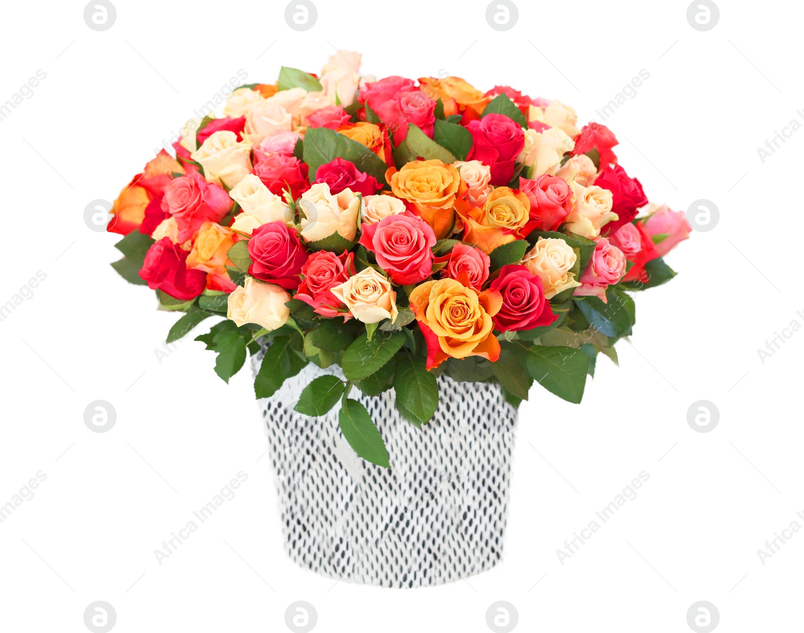 Photo of Bouquet of beautiful roses on white table against light background