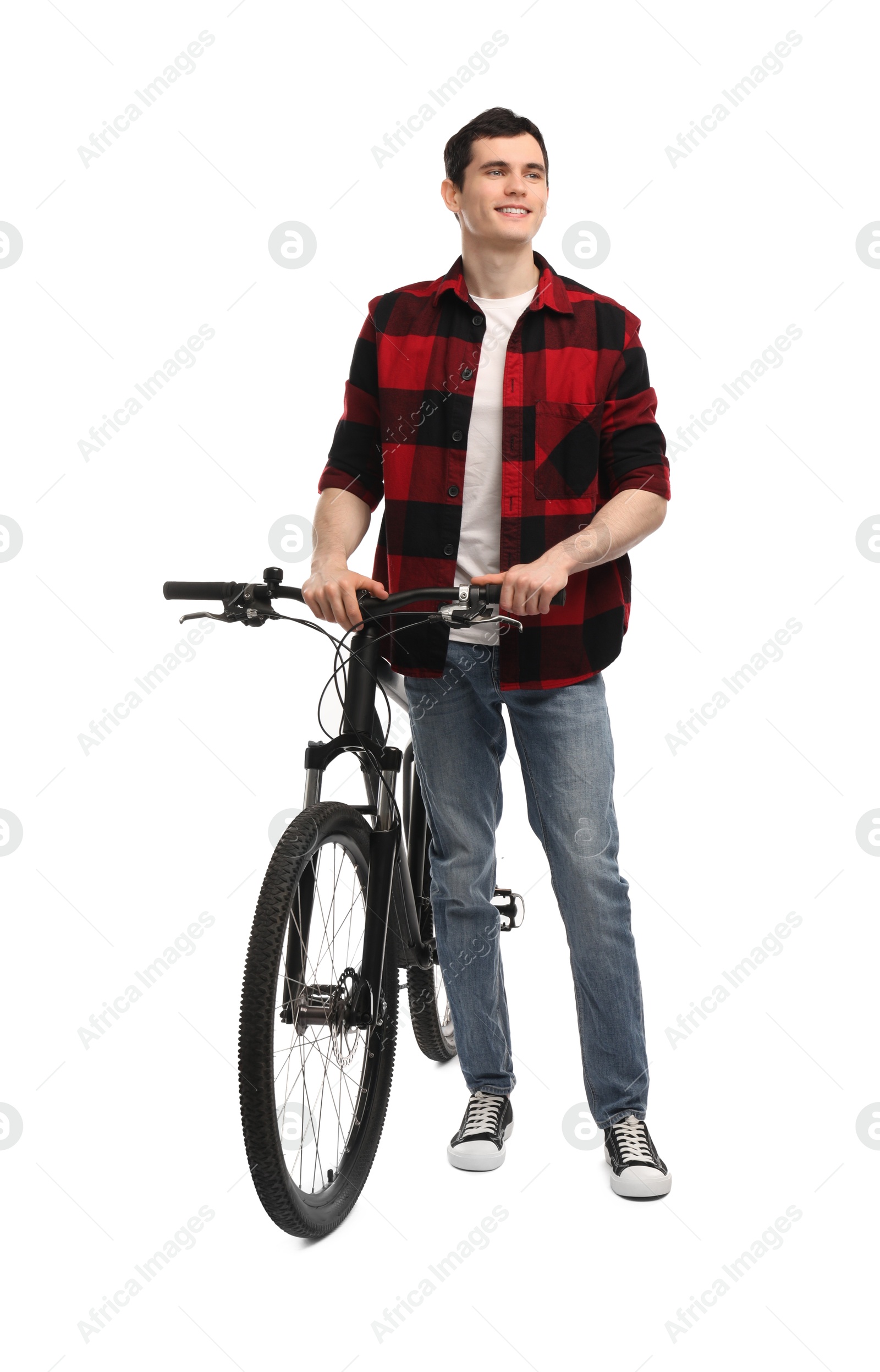 Photo of Smiling man with bicycle isolated on white