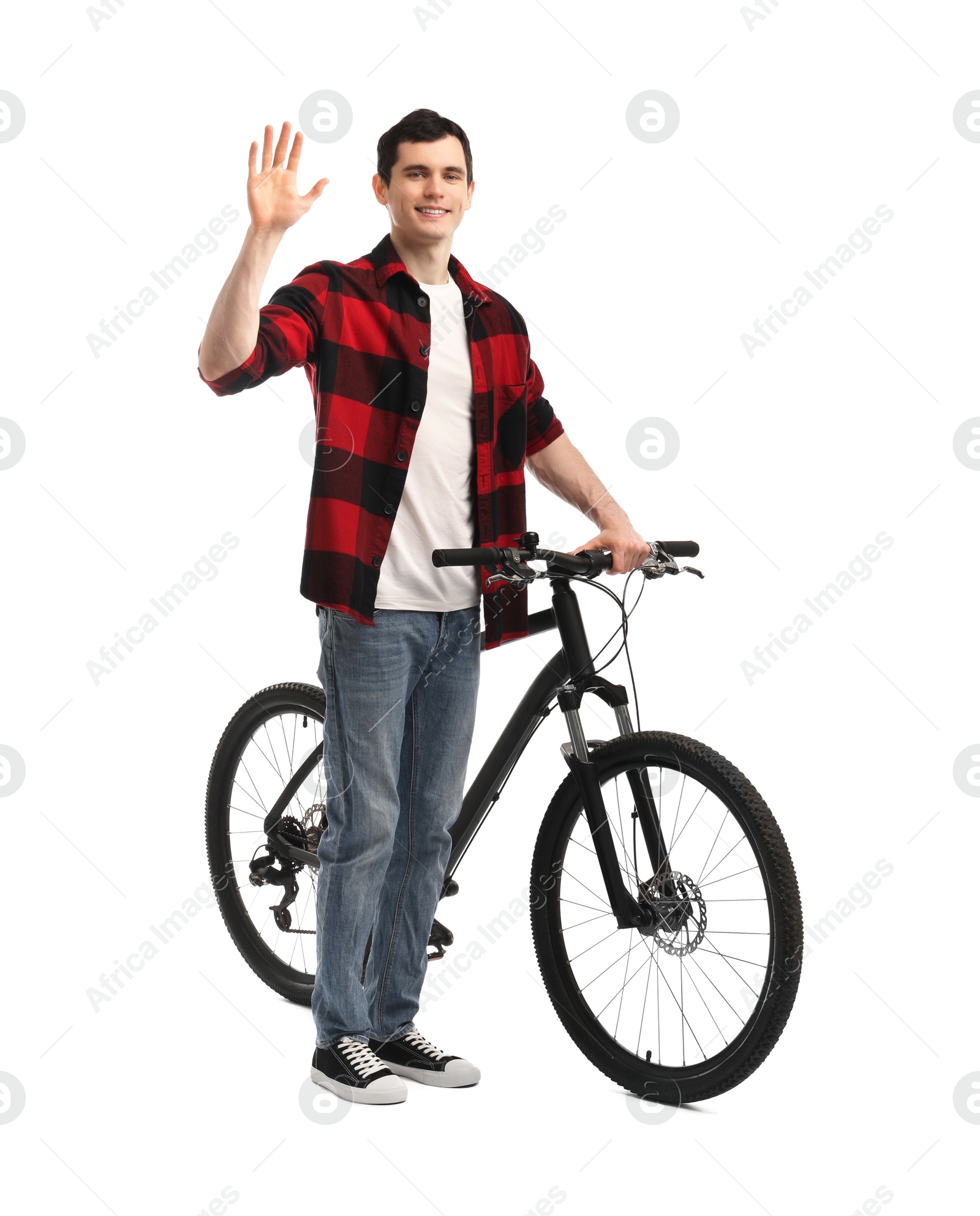 Photo of Smiling man with bicycle isolated on white