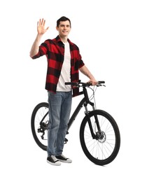 Photo of Smiling man with bicycle isolated on white