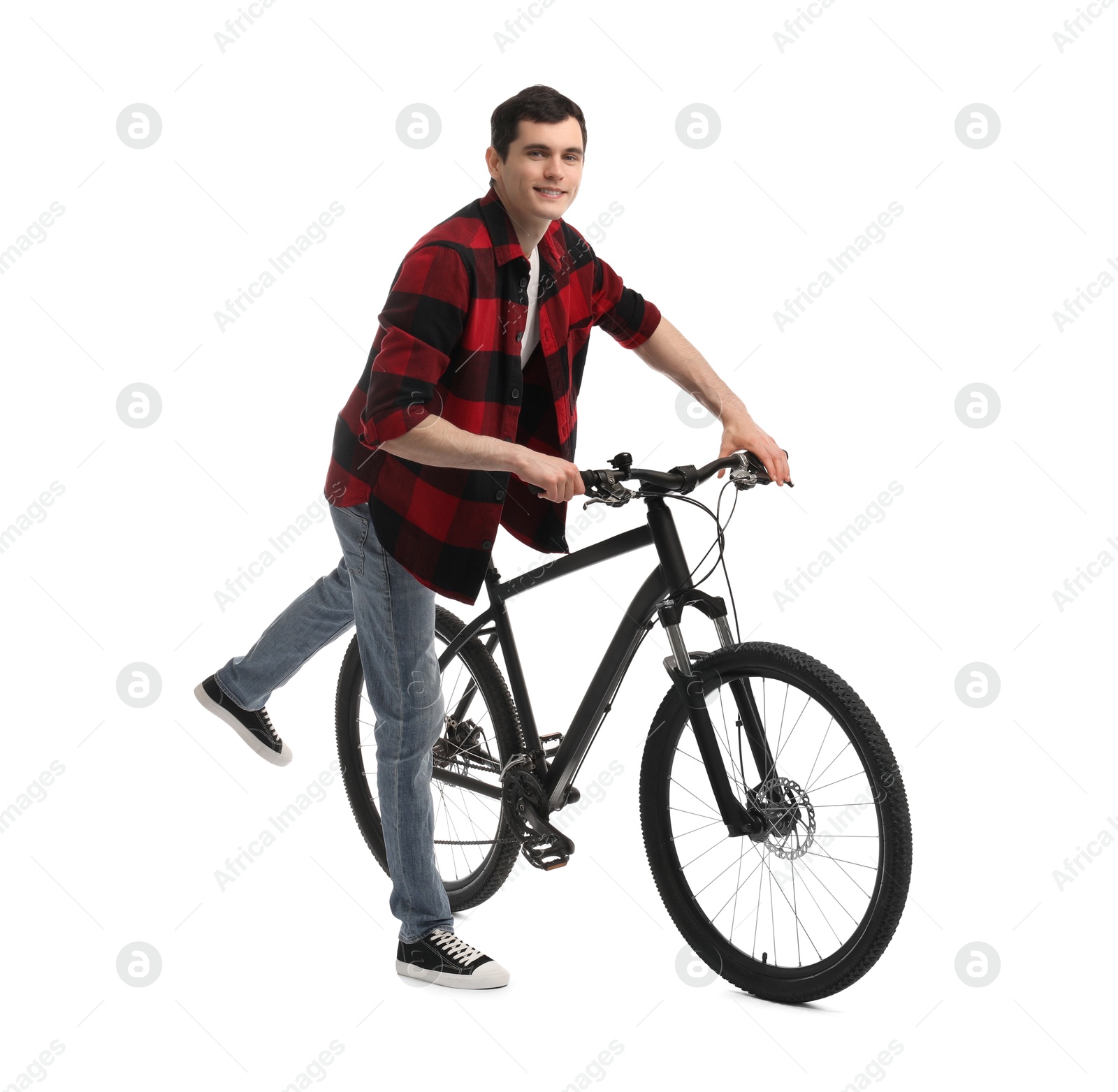 Photo of Smiling man with bicycle isolated on white