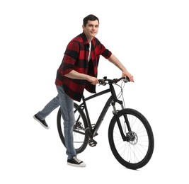 Photo of Smiling man with bicycle isolated on white