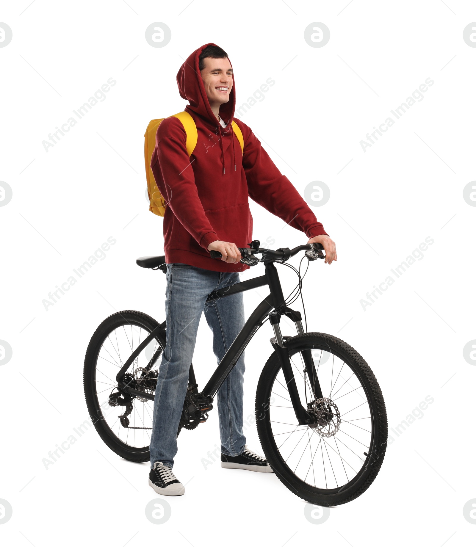 Photo of Smiling man with backpack and bicycle isolated on white