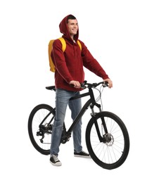 Smiling man with backpack and bicycle isolated on white