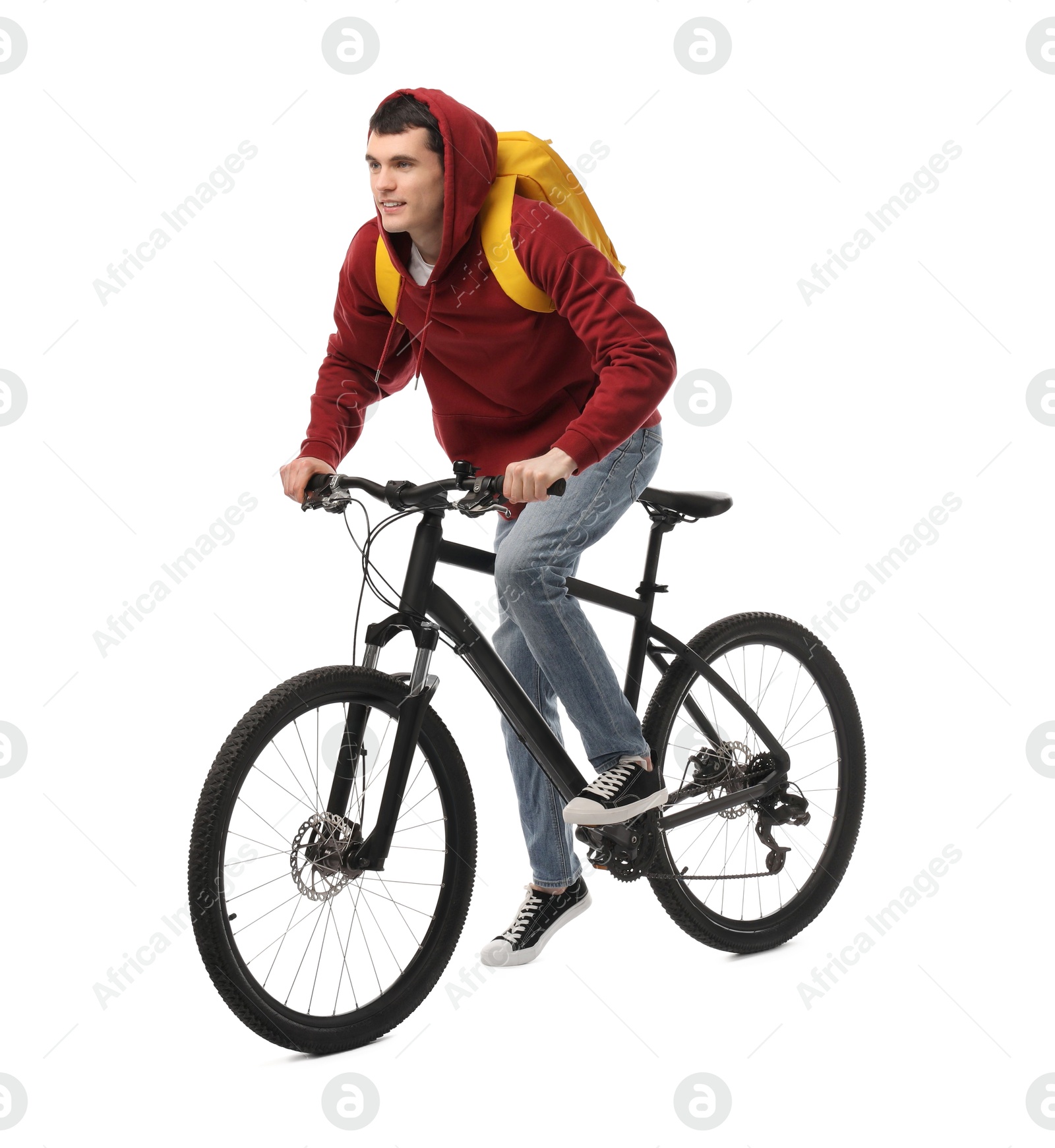Photo of Man with backpack riding bicycle on white background