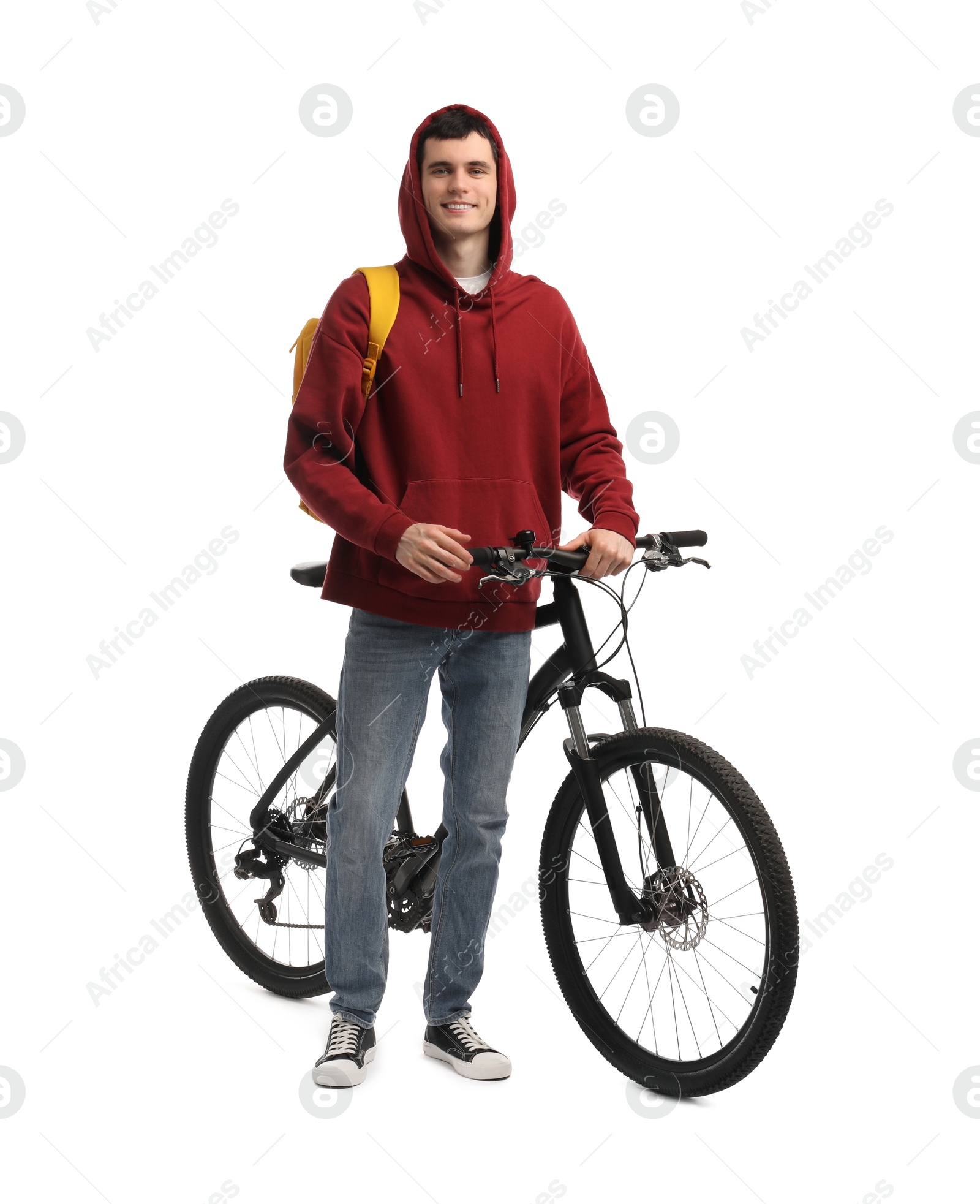 Photo of Smiling man with backpack and bicycle isolated on white