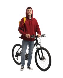 Smiling man with backpack and bicycle isolated on white