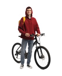 Photo of Smiling man with backpack and bicycle isolated on white