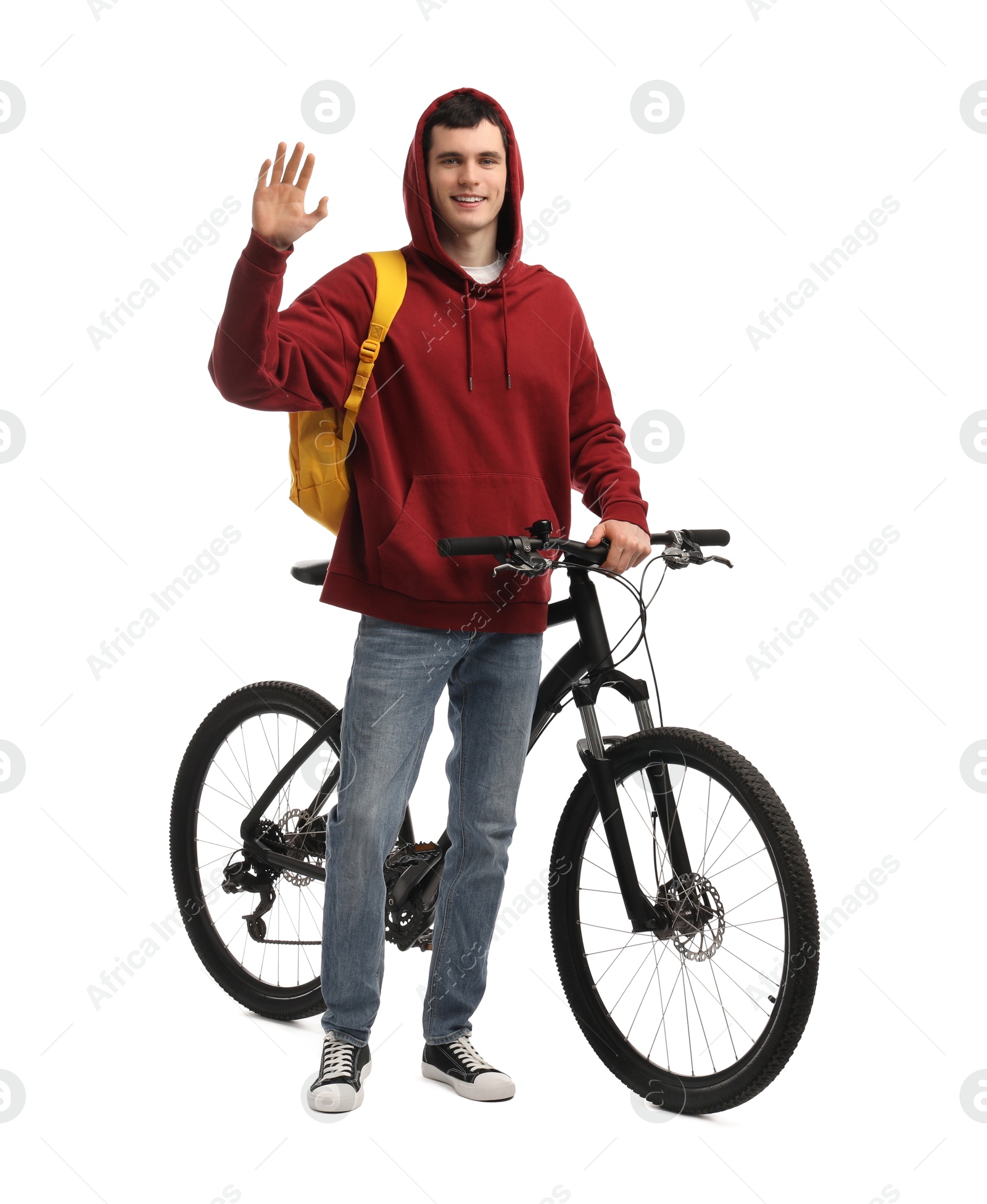 Photo of Smiling man with backpack and bicycle isolated on white