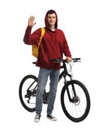 Smiling man with backpack and bicycle isolated on white