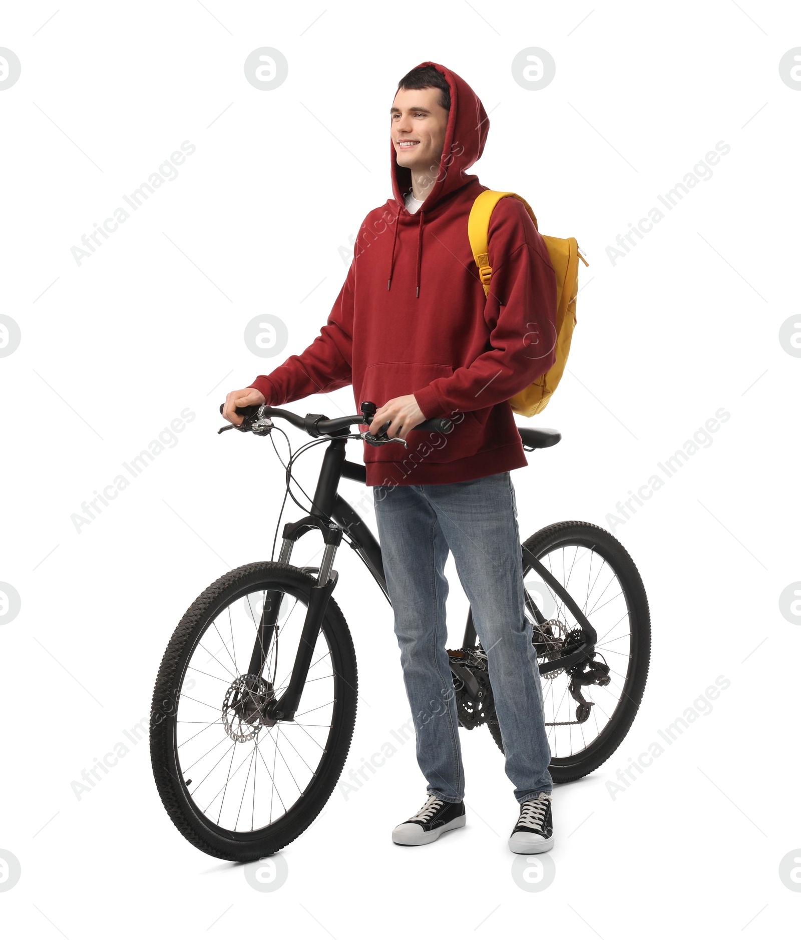 Photo of Smiling man with backpack and bicycle isolated on white