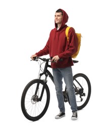 Smiling man with backpack and bicycle isolated on white