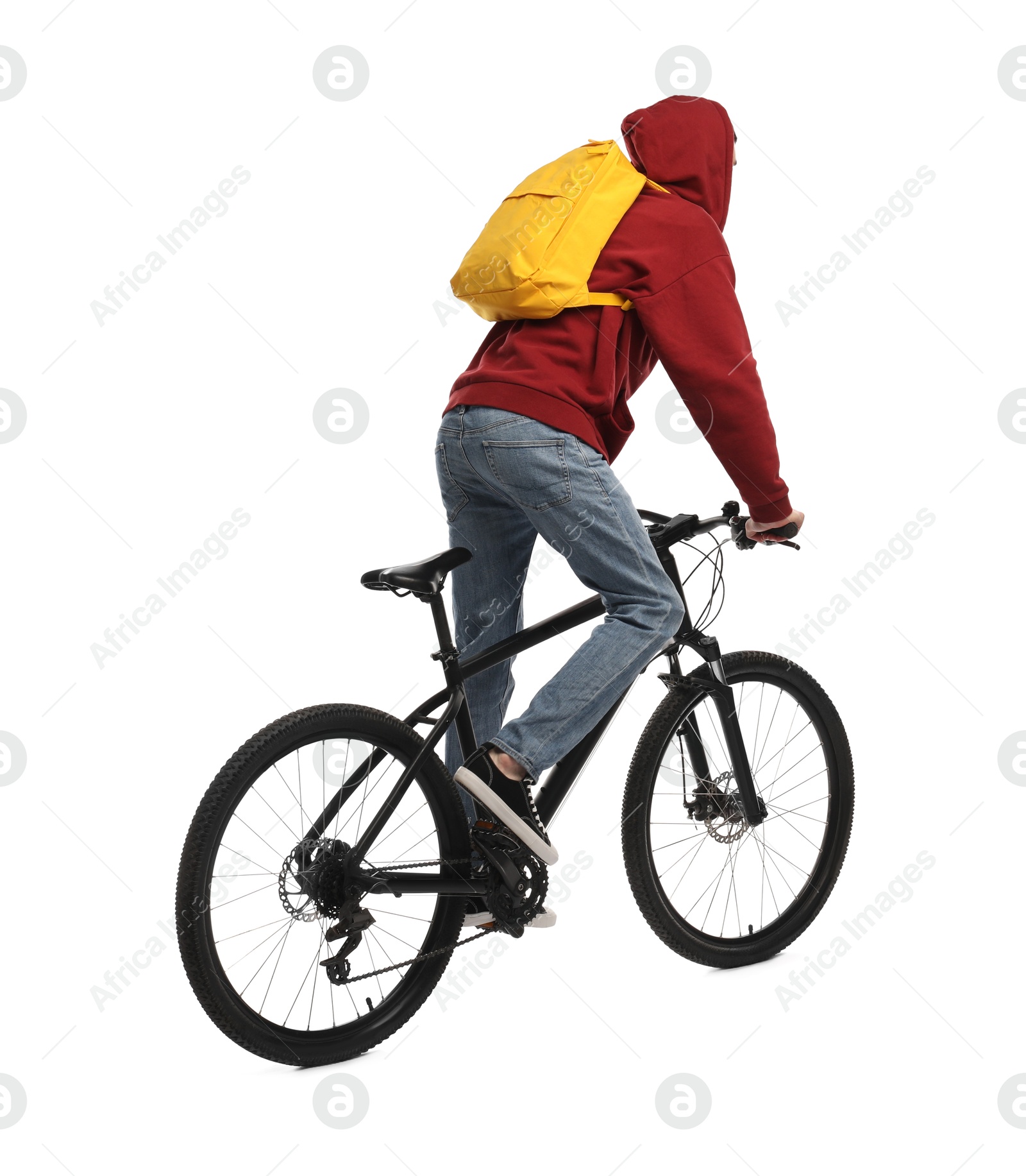 Photo of Man with backpack riding bicycle on white background