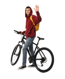 Smiling man with bicycle isolated on white