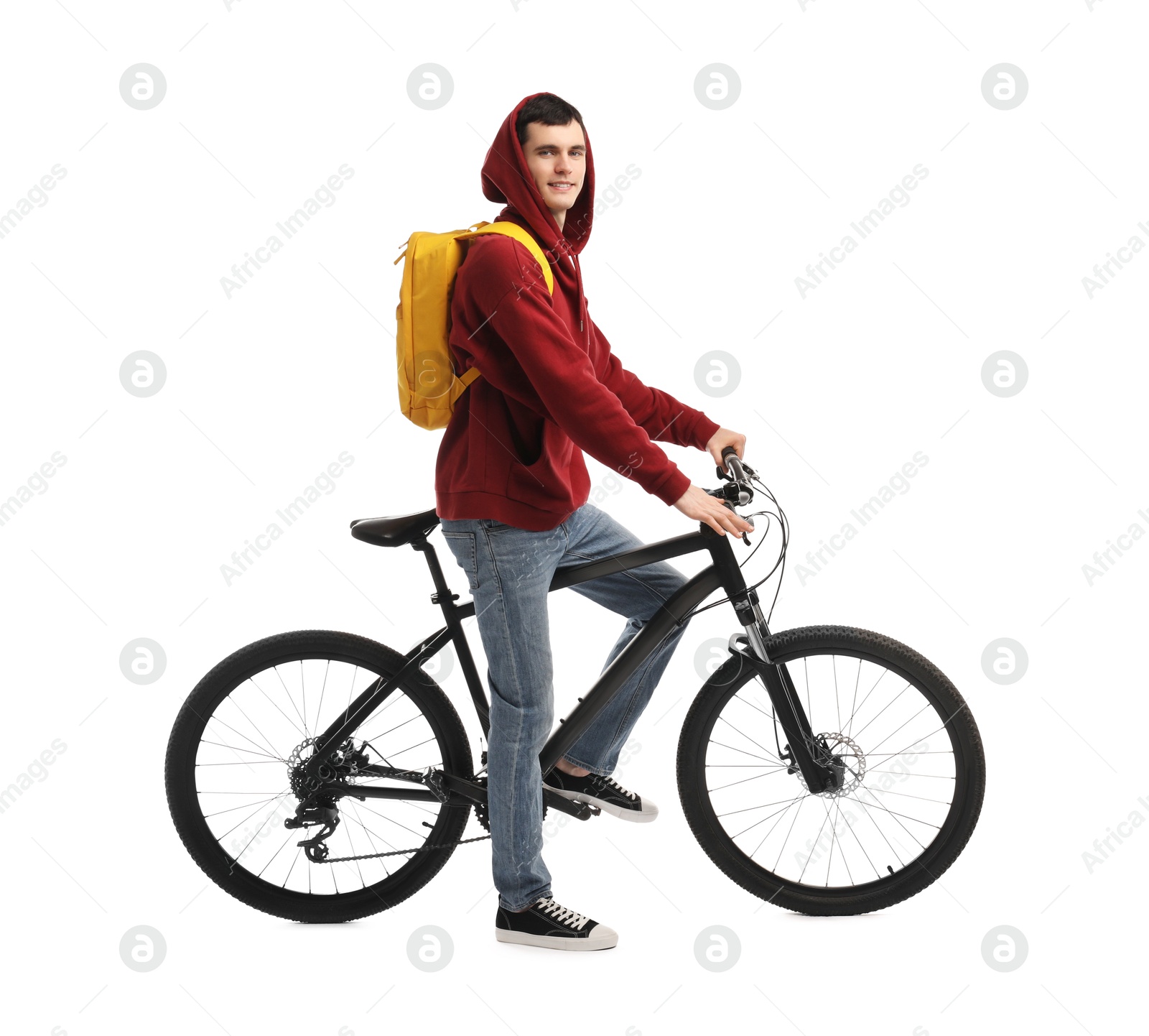 Photo of Smiling man with bicycle isolated on white