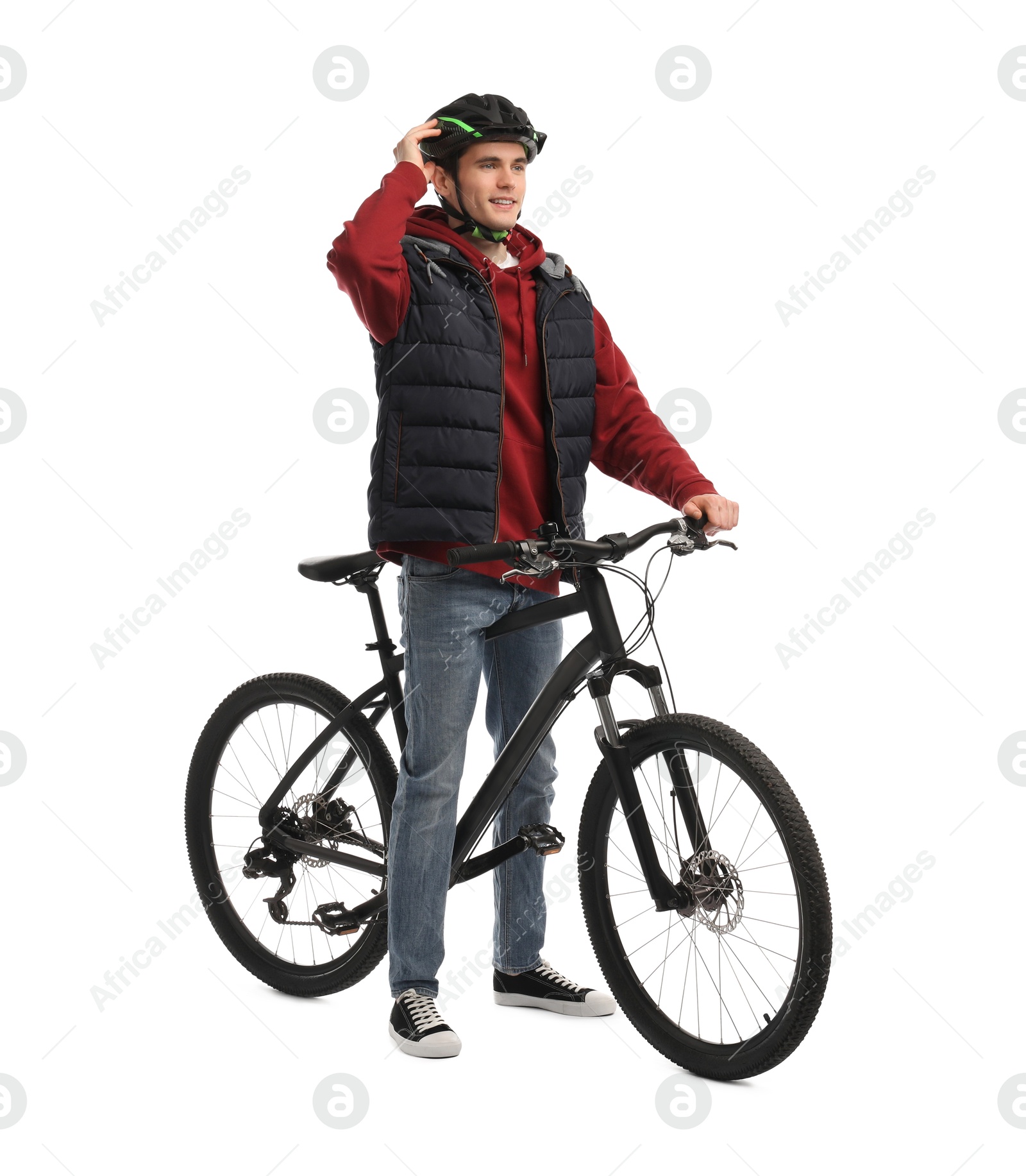 Photo of Smiling man in helmet with bicycle on white background
