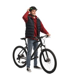 Smiling man in helmet with bicycle on white background