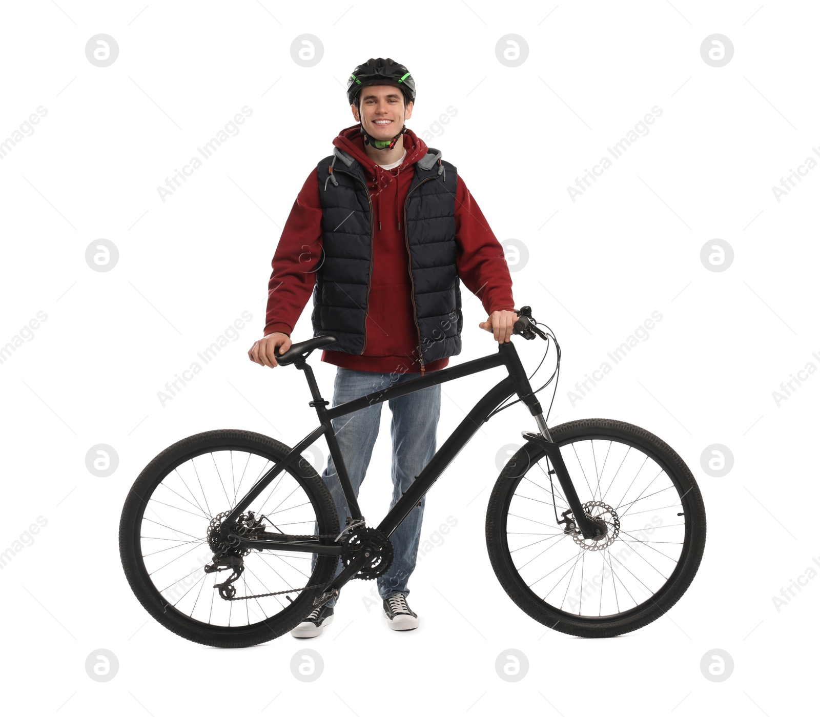 Photo of Smiling man in helmet with bicycle isolated on white