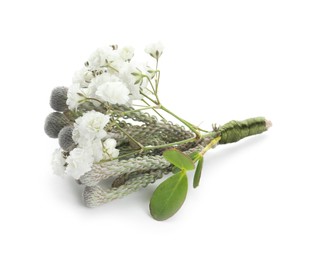 Photo of One small stylish boutonniere isolated on white