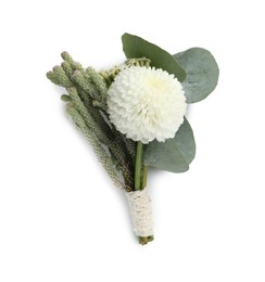 One small stylish boutonniere isolated on white, top view