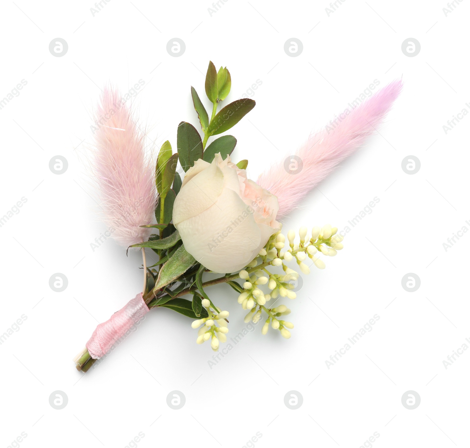 Photo of One small stylish boutonniere isolated on white, top view
