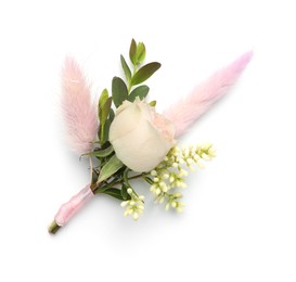 One small stylish boutonniere isolated on white, top view