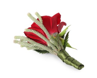 One stylish red boutonniere isolated on white, top view