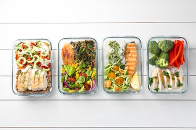 Photo of Healthy meal. Containers with different products on white wooden table, flat lay