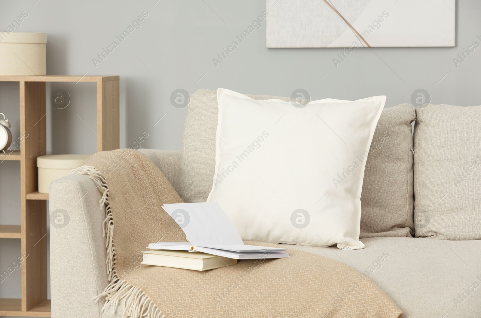 Photo of Soft white pillow, blanket and books on sofa indoors