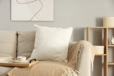 Soft white pillow, blanket and books on sofa indoors