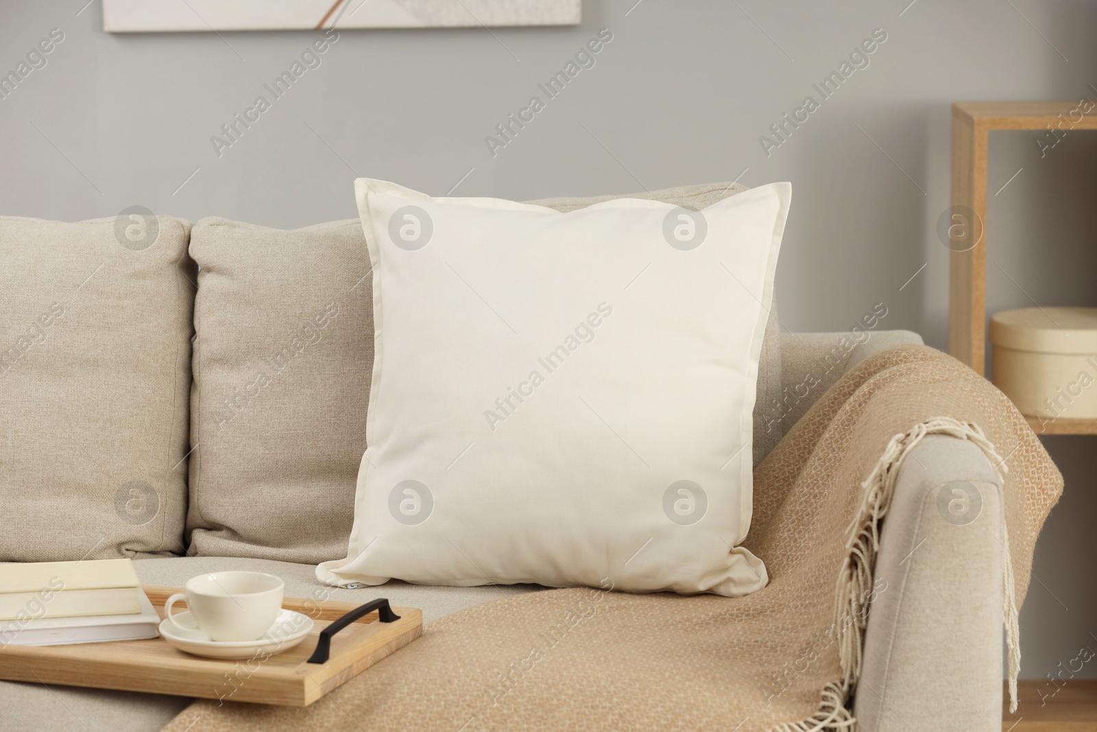 Photo of Soft white pillow, blanket and books on sofa indoors