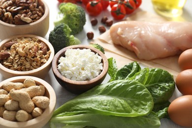 Many different healthy food on table, closeup