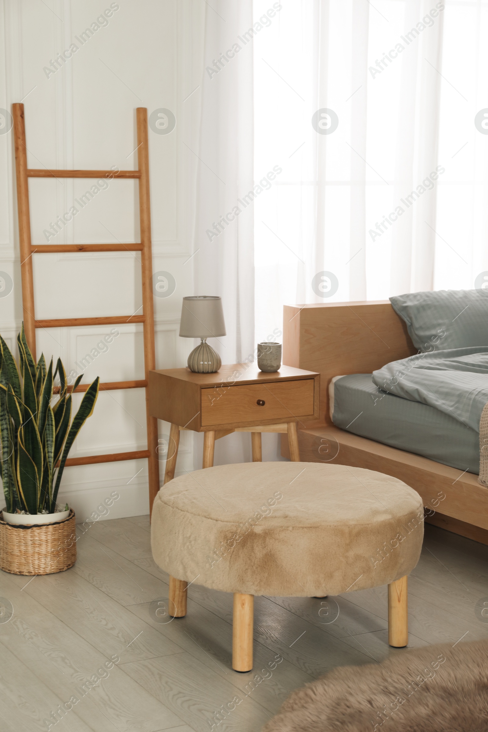 Photo of Stylish bedroom with double bed and beautiful green houseplant. Modern interior