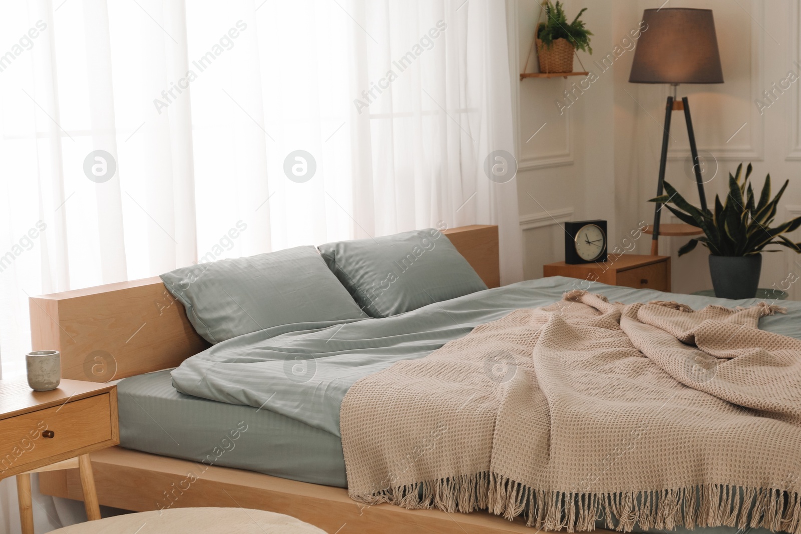 Photo of Stylish bedroom with double bed and beautiful green houseplants. Modern interior