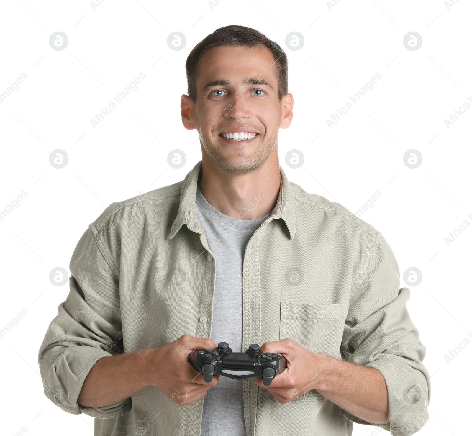 Photo of Happy man playing video games with controller on white background