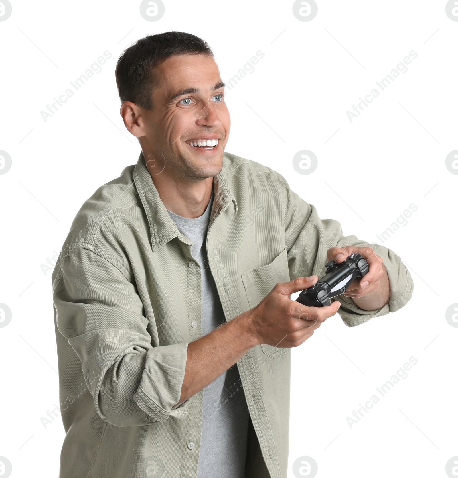 Photo of Happy man playing video games with controller on white background