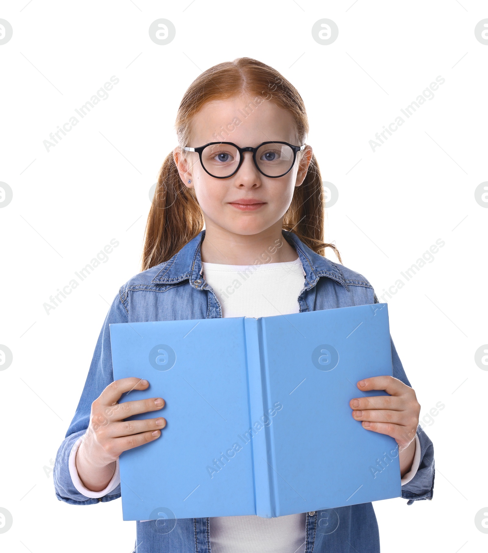 Photo of Cute little girl with book on white background