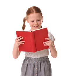 Smiling girl reading book on white background