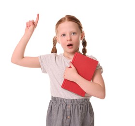 Photo of Cute little girl with book on white background