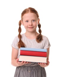 Cute little girl with stack of books on white background