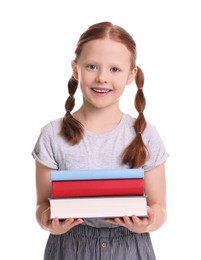 Photo of Smiling girl with stack of books on white background