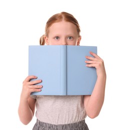 Photo of Cute little girl with book on white background