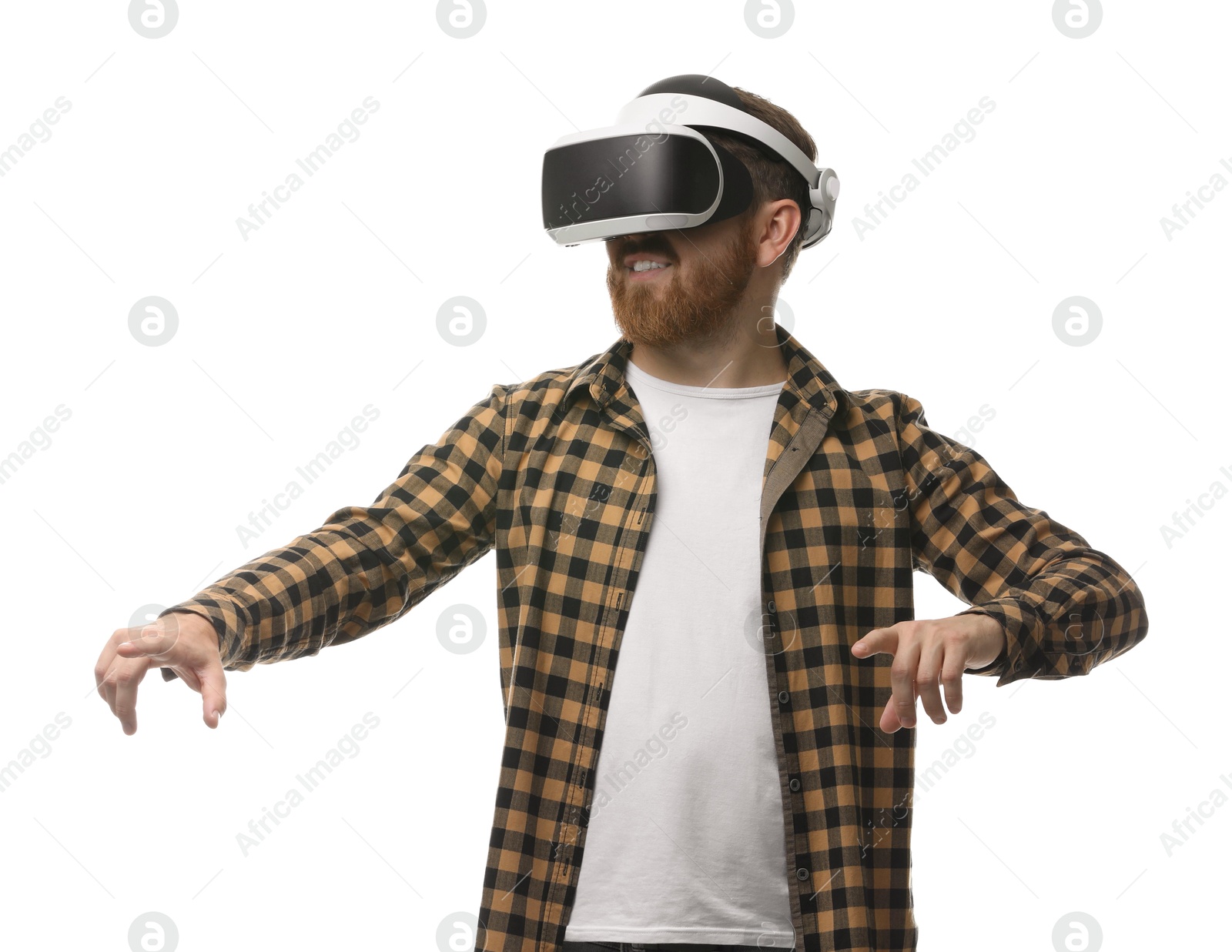 Photo of Man using virtual reality headset on white background