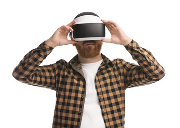 Man using virtual reality headset on white background