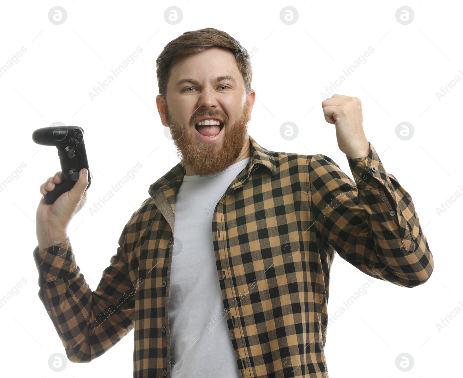 Photo of Emotional man with game controller on white background