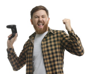 Photo of Emotional man with game controller on white background