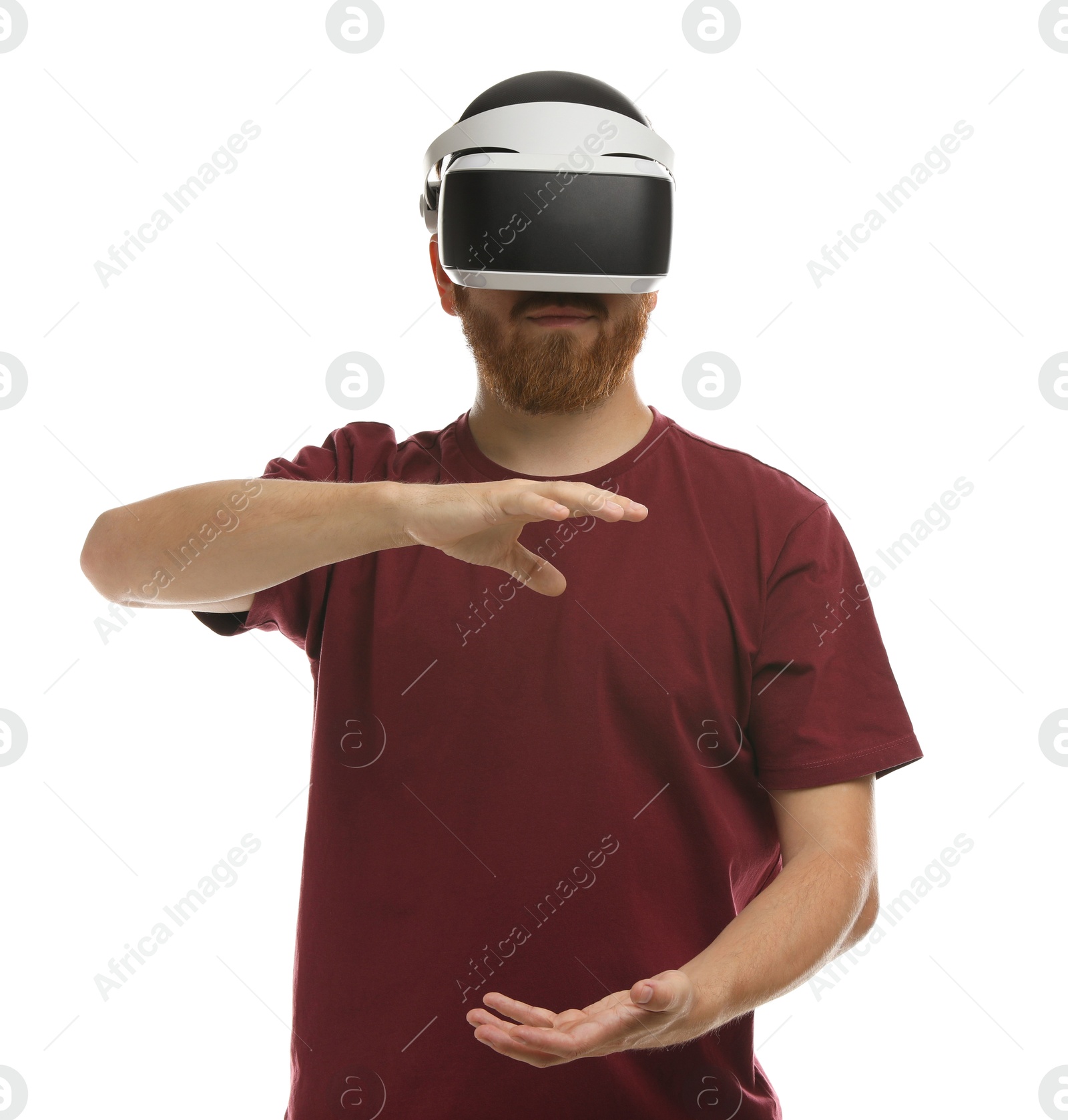 Photo of Man using virtual reality headset on white background