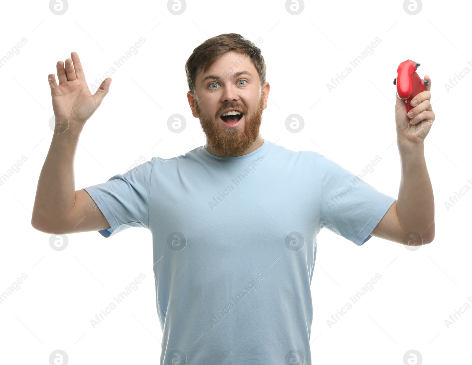 Photo of Emotional man with game controller on white background