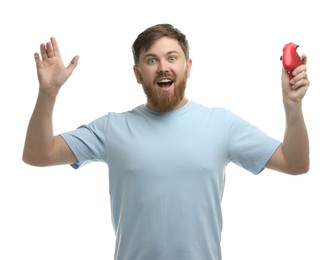 Photo of Emotional man with game controller on white background